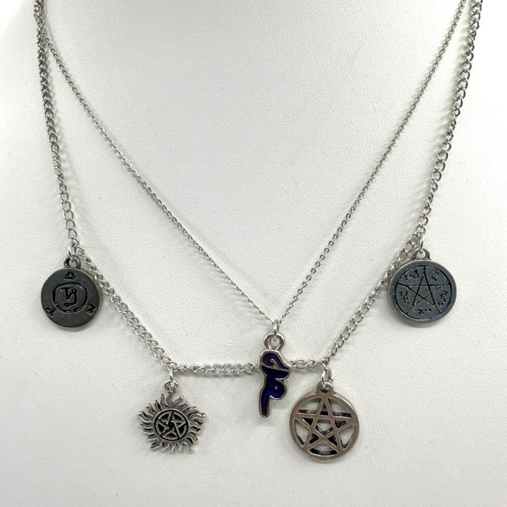 Supernatural Inspired Multi Charm Layered Necklace Gothic Symbol Jewelry Gift